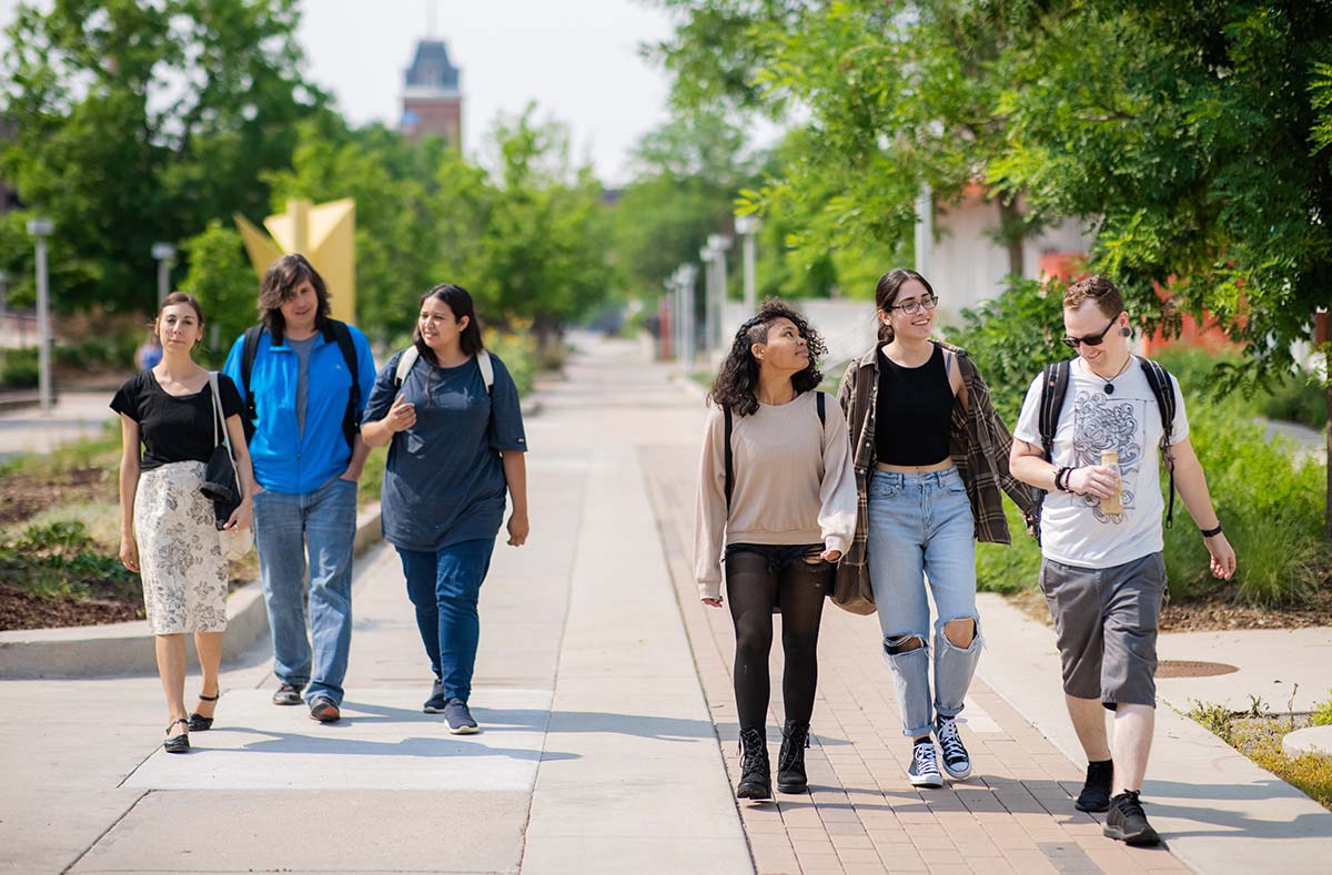 Students walking through Auraria Campus.