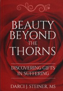 Beauty Beyond the Thorns book cover. A red rose in the background behind the white text.