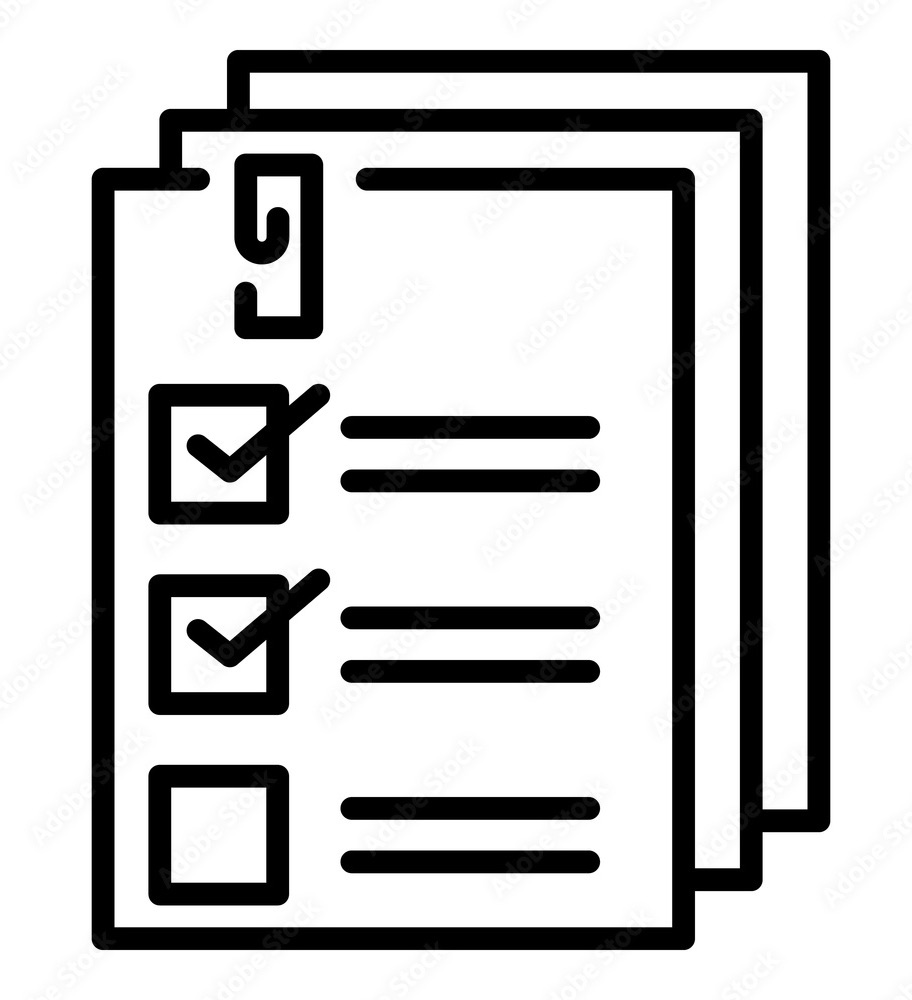 Black and white drawing of paper forms with checkboxes
