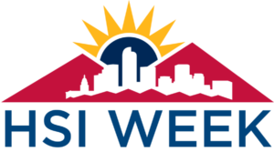 Logo celebrating HSI Week. There is a blue sun, yellow sun rays, a city in white in front of mountains in red .