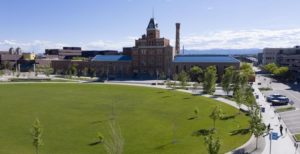 Aerial view of the Tivoli Student Union and Tivoli Quad.