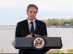Secretary of State Antony J. Blinken delivers a speech on American Leadership on Climate, in Annapolis, Maryland on April 19, 2021.