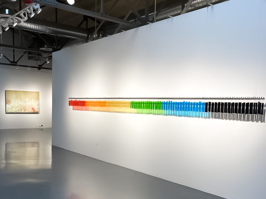 A gallery wall with a long horizontal installation of colored ice pops in a gradient spectrum from red to black.