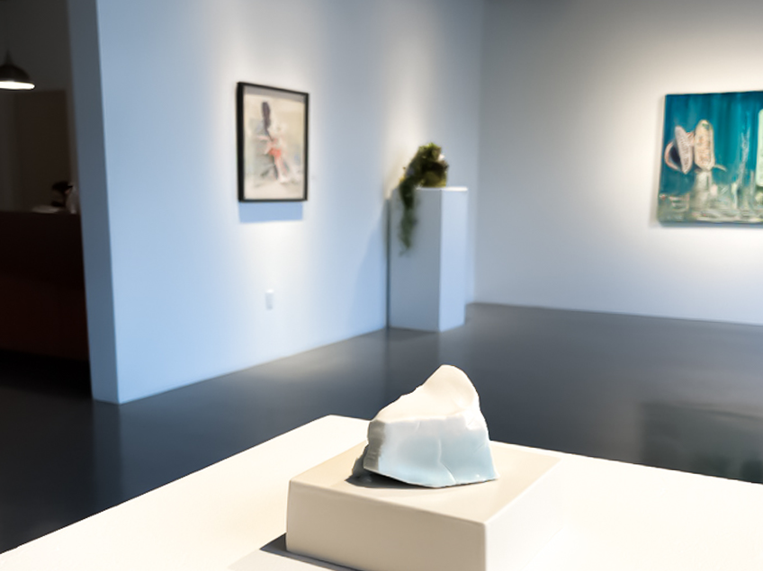 A small, abstract sculpture on a pedestal in a contemporary art gallery.