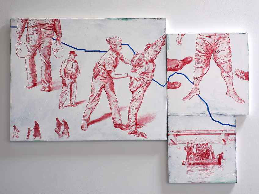 Composite artwork with red-inked border crossing figures and a blue line across three canvases.