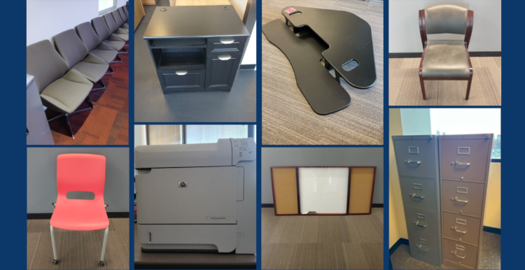 Photo collage of furniture including: chairs, cabinets, whiteboards, desks and a copy machine.