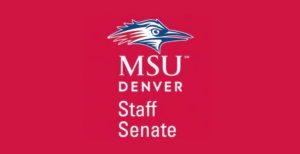 Red graphic with Roadrunner logo on top, MSU Denver Staff Senate on bottom