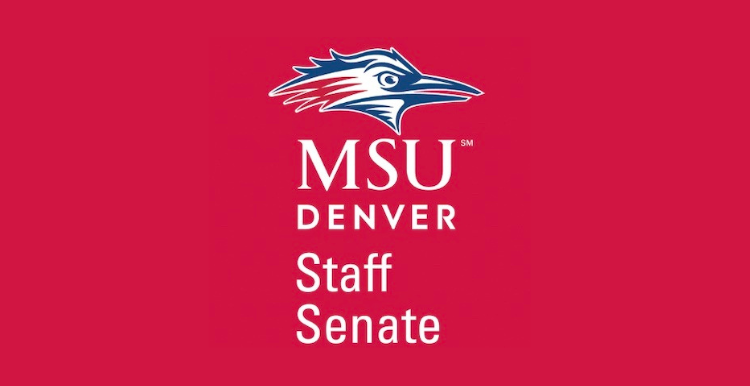 Red graphic with Roadrunner logo on top, MSU Denver Staff Senate on bottom