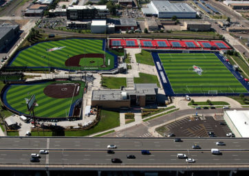 Aerial view of the athletic complex with softball field, baseball field, soccer field and tennis courts.