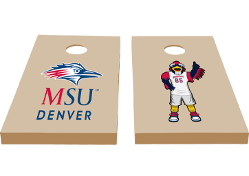 Two cornhole boards, one with the MSU Denver logo and the other with a cartoon Rowdy