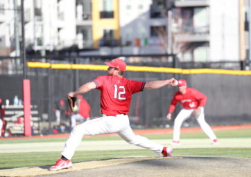 MSU Denver baseball player Eric Cox delivers a pitch in a 2022 home game.