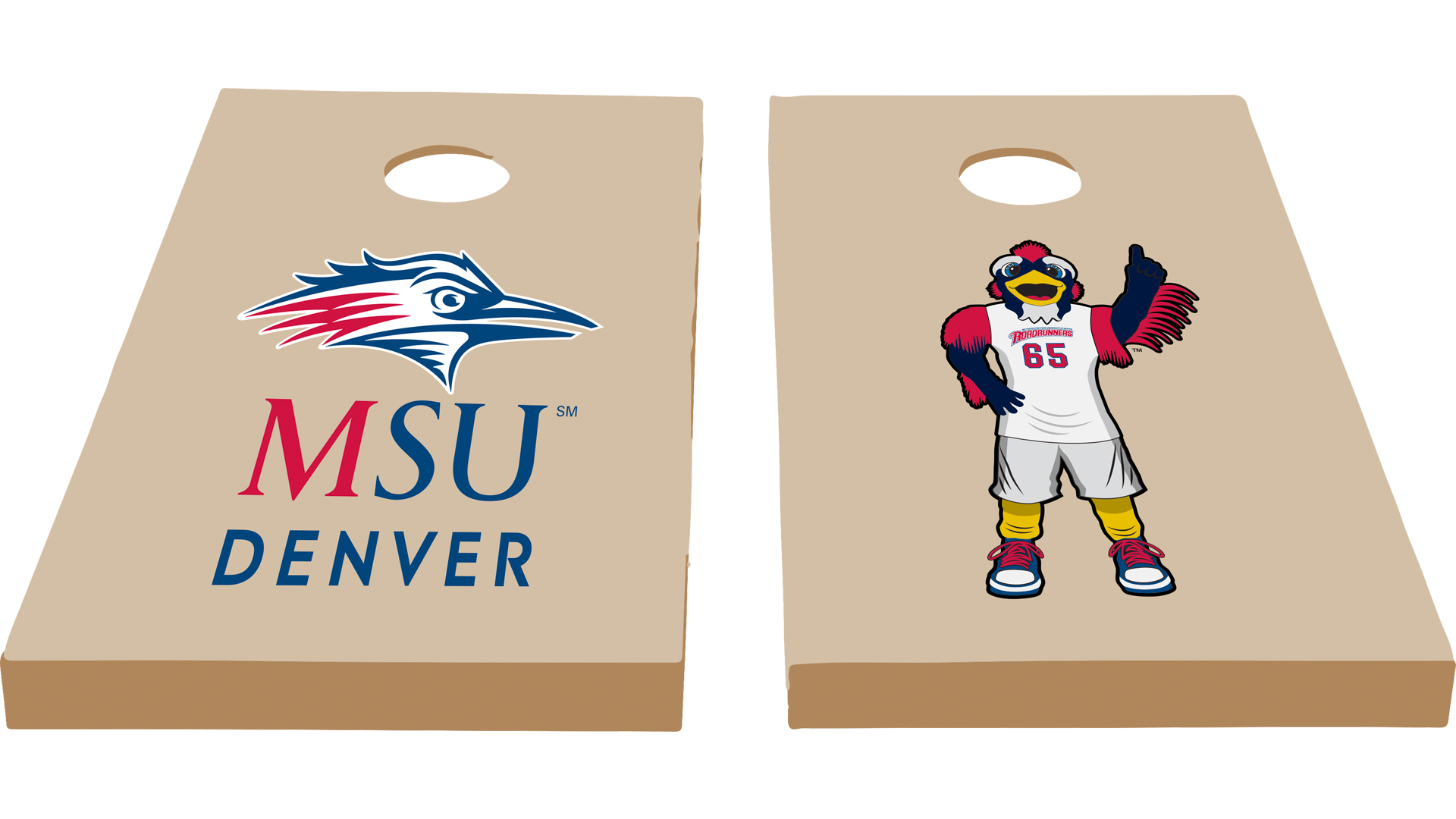 Two cornhole boards, one with the MSU Denver logo and the other with a cartoon Rowdy