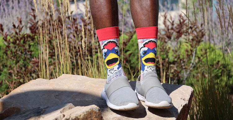 Closeup of a person's feet wears socks with Rowdy's face on it with grey tennis shoes while standing on a rock.