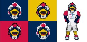 Checkerboard of floating Rowdy heads in squares with two rows and three columns. Top row has left to right: navy background, yellow background, red background. Bottom left to right: red background, navy background, yellow background.