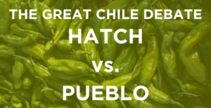 Green chiles with green overlay and white text that says 