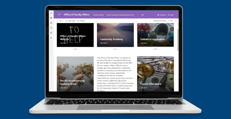 A blue background and an open silver laptop with a screenshot of the Faculty Affairs Sharepoint Site.