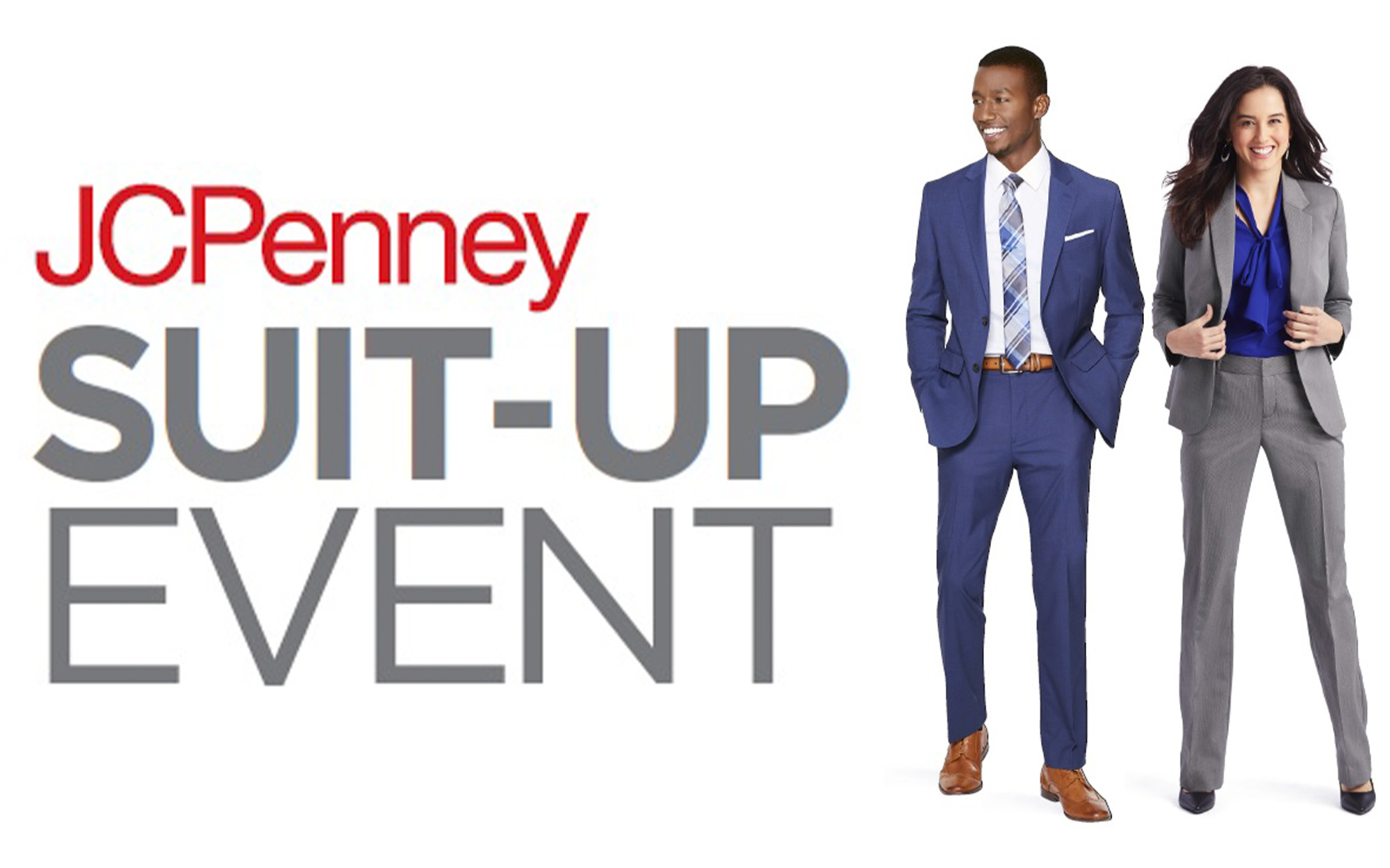 jcpenney suit up event with a male and a female standing, wearing suits
