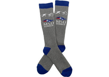 Socktober ski socks, gray with white mountains and the MSU Denver logo