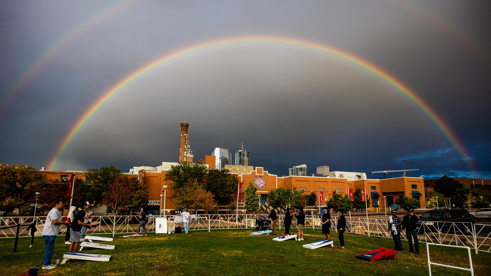 Photograph of a double rainbow over the Tivoli Student Union.