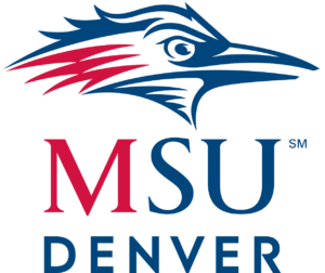 MSU Denver logo of a blue, white and red roadrunner