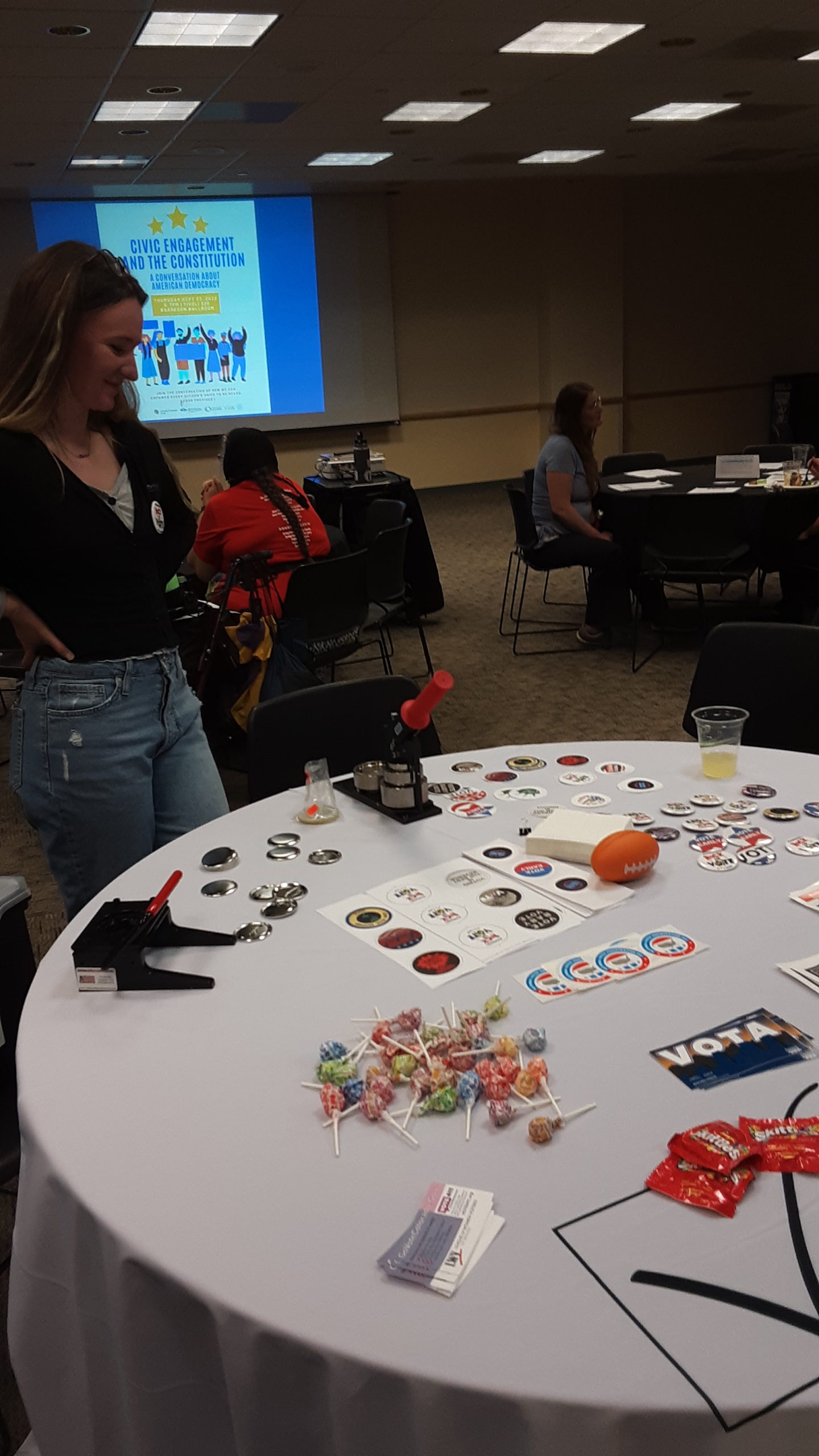 table of voter engagement button and pin makings