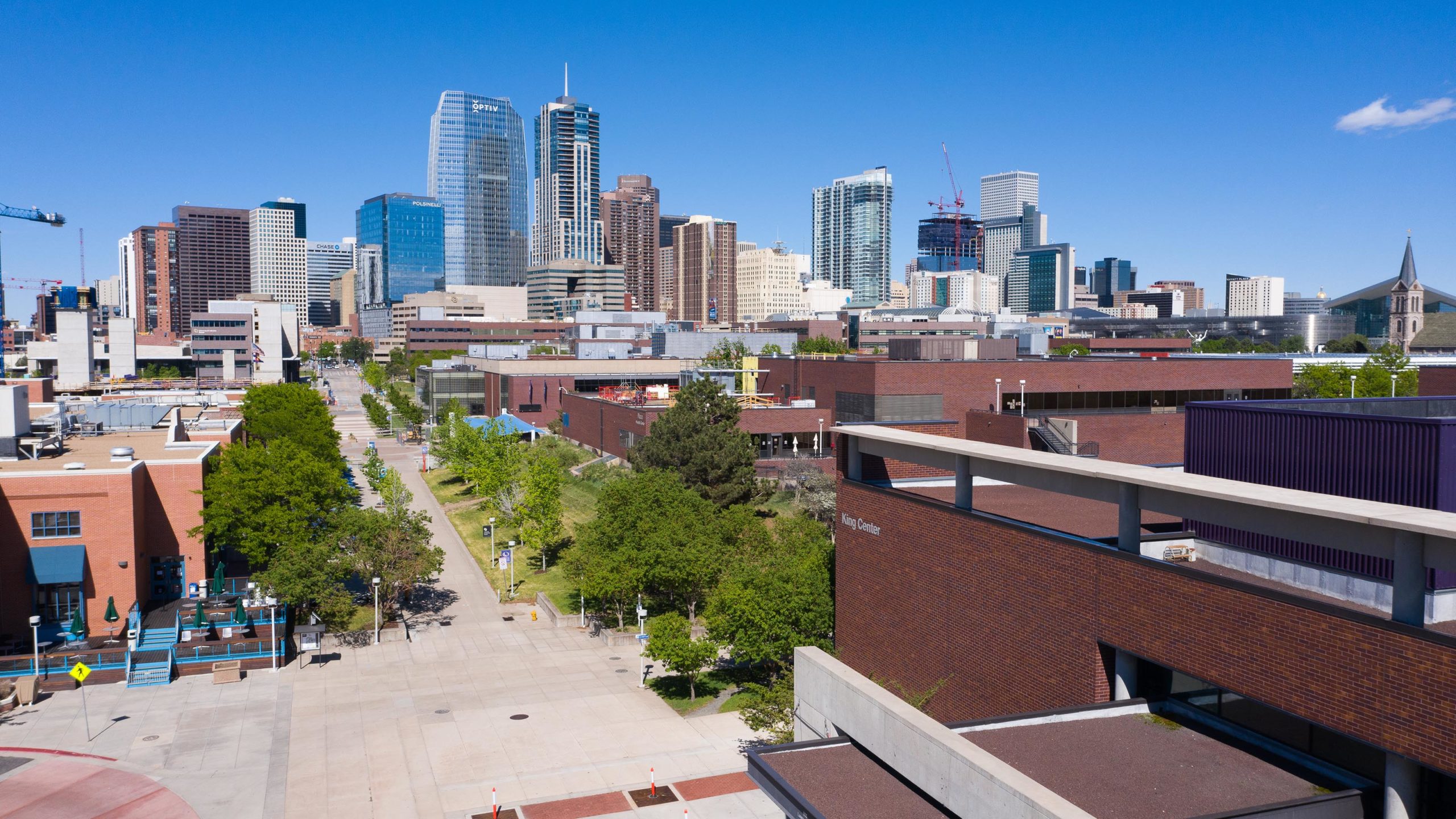 Aerial photo of the MSU Denver campus with a view of the Denver skyline.