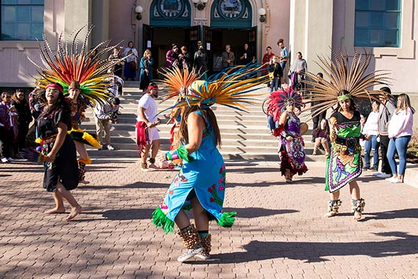 Indigenous dancers on Auraria Campus.