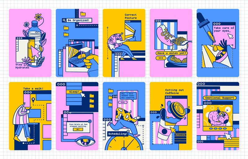 Phoebe Nguyen's award-winning sketch designs on playing cards in cornflower blue, tangerine and bright pink.
