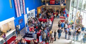 Aerial view of a packed lobby in JSSB.