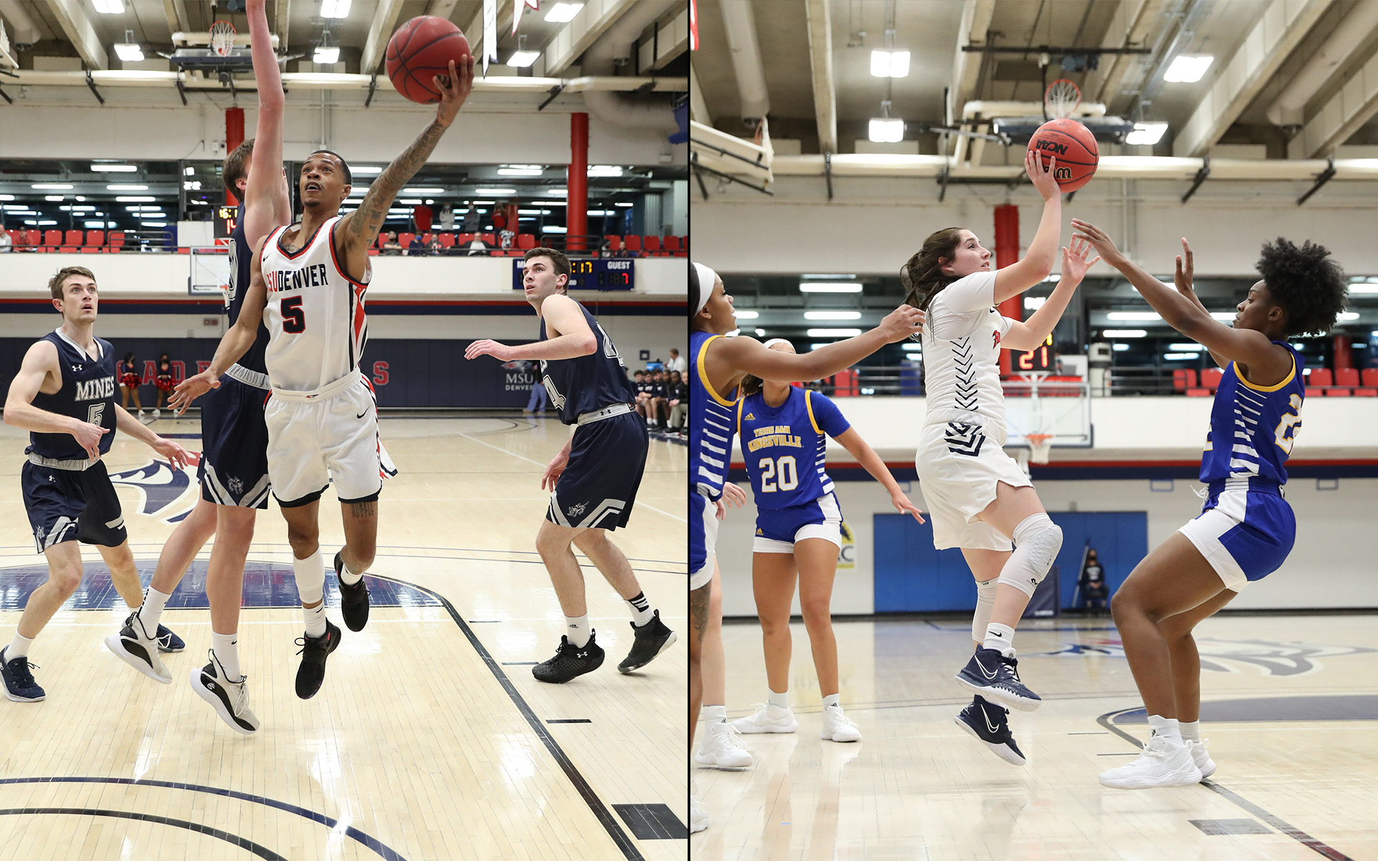 Split image with men's basketball player Tyrei Randall going for a layup through several defenders and women's basketball player Kendra Parra shooting a floater in the lane between two defenders.