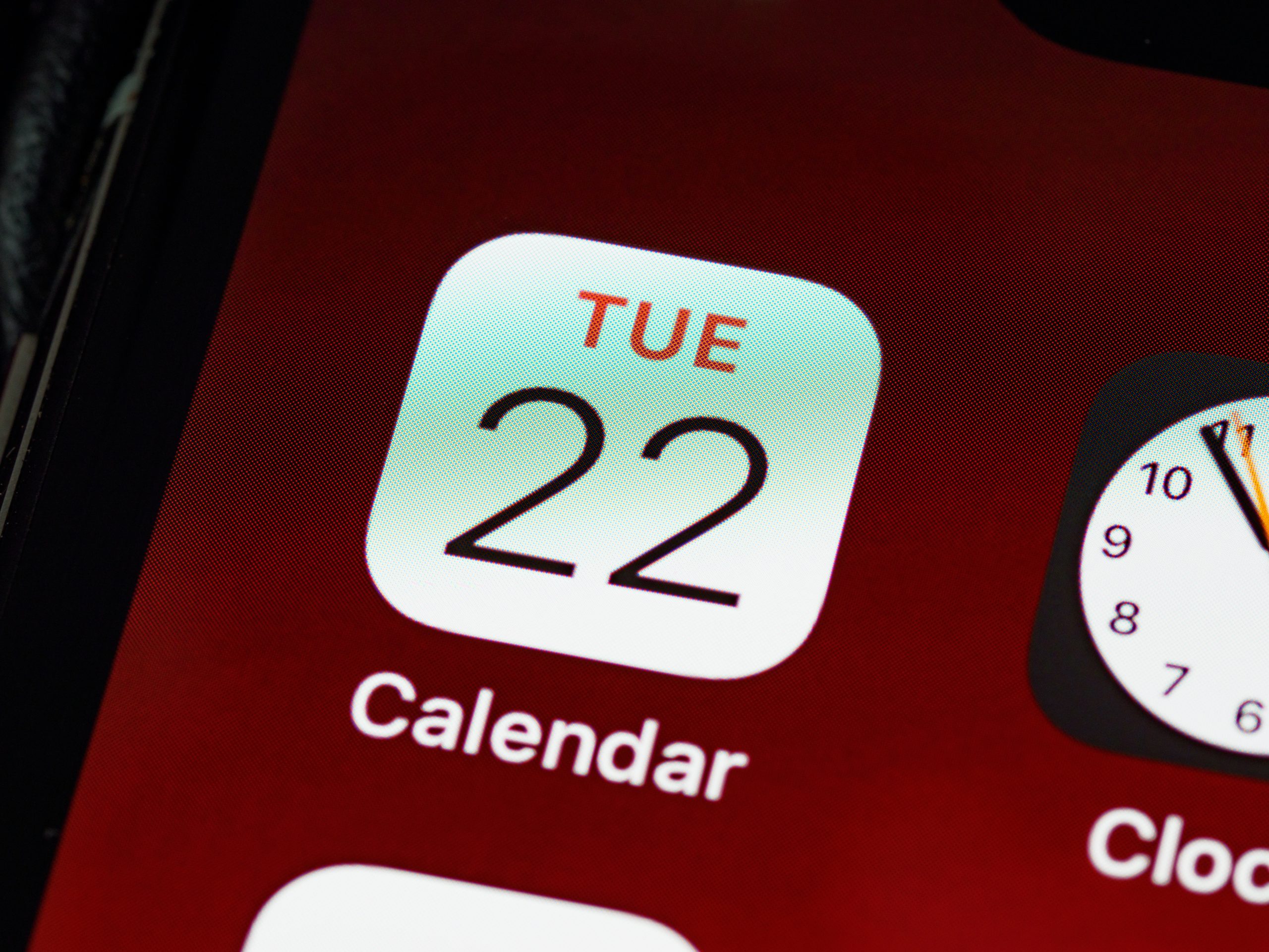 Calendar app on an iPhone that shows the date of Tuesday, the 22nd