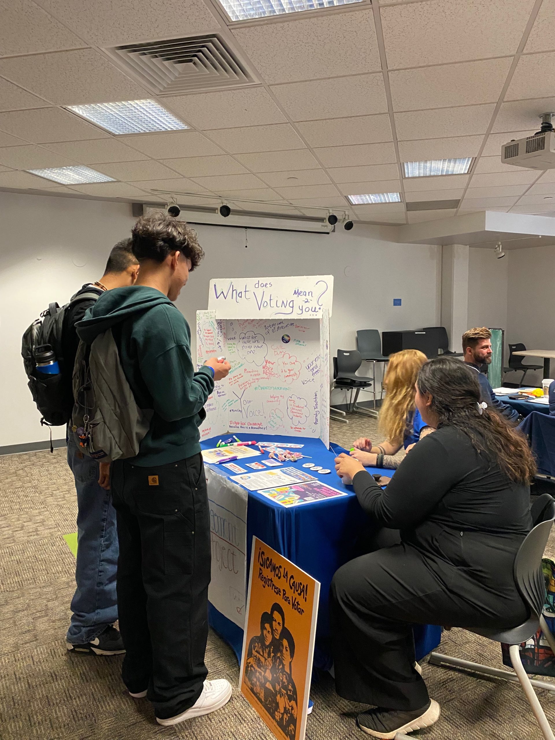 Students standing in front of a Poster board with 
