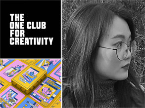 Collage of One Club for Creativity logo with award winner Phoebe Nguyen in profile beside one of her winning designs.