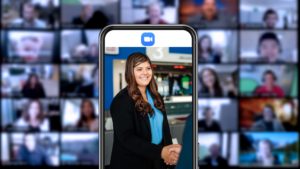 MSU Denver student Taylor Dodson, smiling with outstretched hand on a photo illustration of a Zoom call with online meeting attendees in the background
