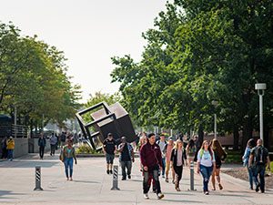 Students walking across Auraria Campus.