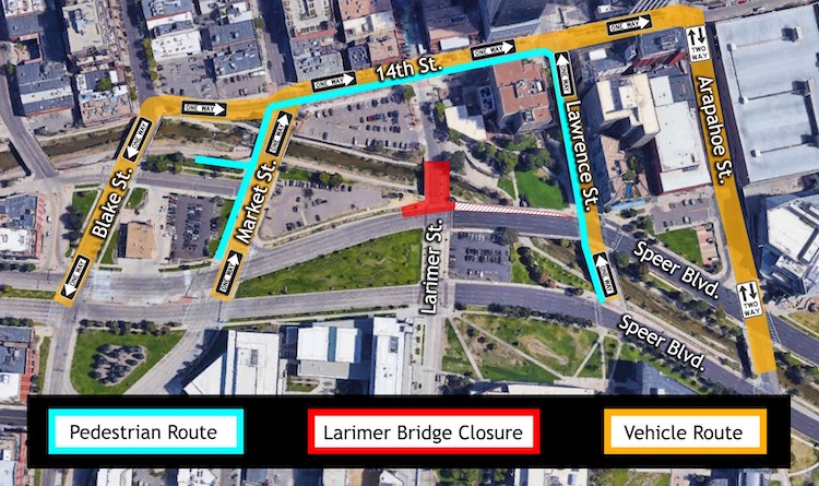 Decorative map detailing road closures and routes. Larimer bridge is closed. Pedestrian route is Market Street to 14th to Lawrence. Vehicle routes include taking Blake Street, Market Street or Lawrence Street towards 14th Street.