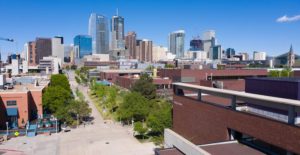 Aerial photo of MSU Denver campus and Denver skyline