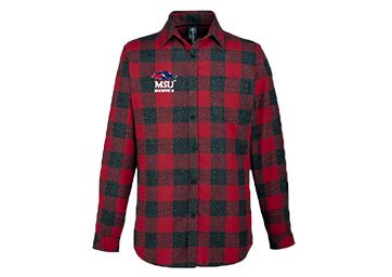 MSU Denver flannel with blue & red pattern and a logo by the pocket