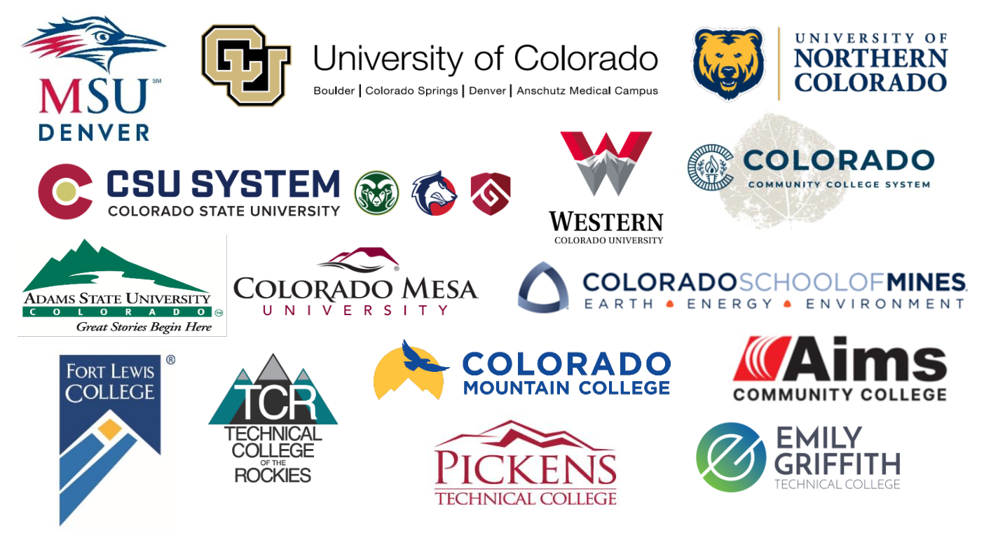 Logos of the Colorado colleges and universities who signed a joint letter to the state's Joint Budget Committee