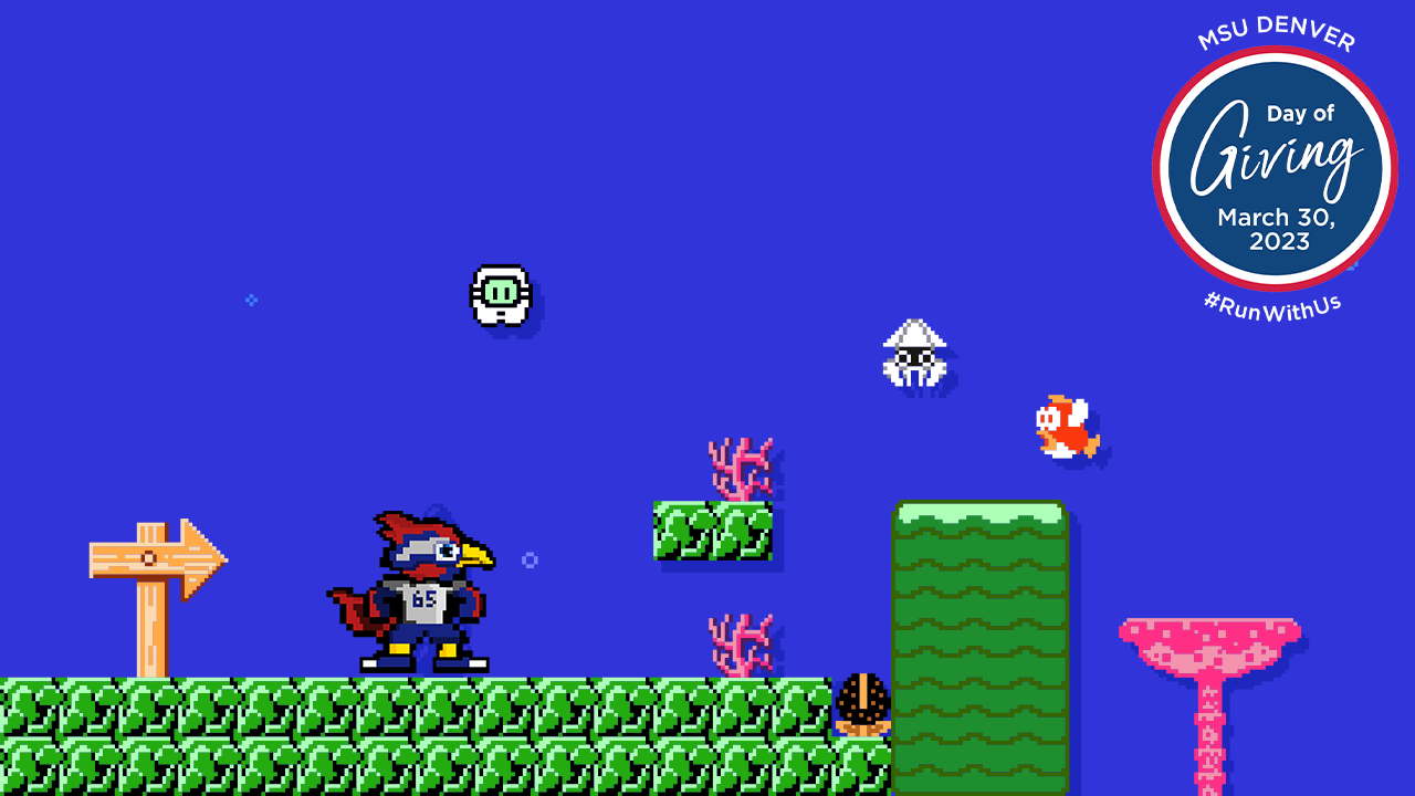 2023 Day of Giving Zoom background with Super Mario background and Mario Rowdy