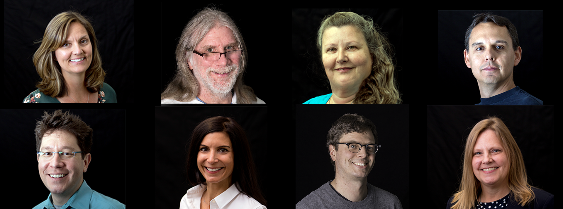 8-panel hero image of members of the department, 2 rows, 4 columns. Row 1 from left to right; Dr. Cheryl Sanders, Dr. Robert Schatz, Ms. Martina Grasse, Dr. Jovan Hernandez. Row 2 from left to right; Dr. Layton Curl, Dr. Alexis Karris, Dr. Chad Mortensen, Dr. Bridget Kelsey.