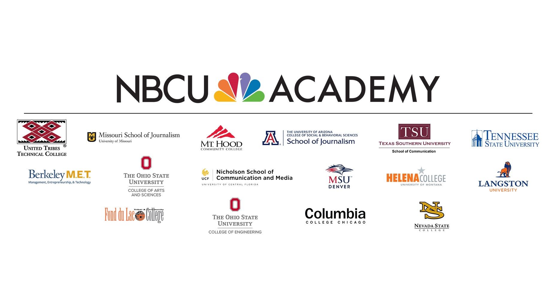 Logos for academic institutions who partner with NBCUniversal Academy