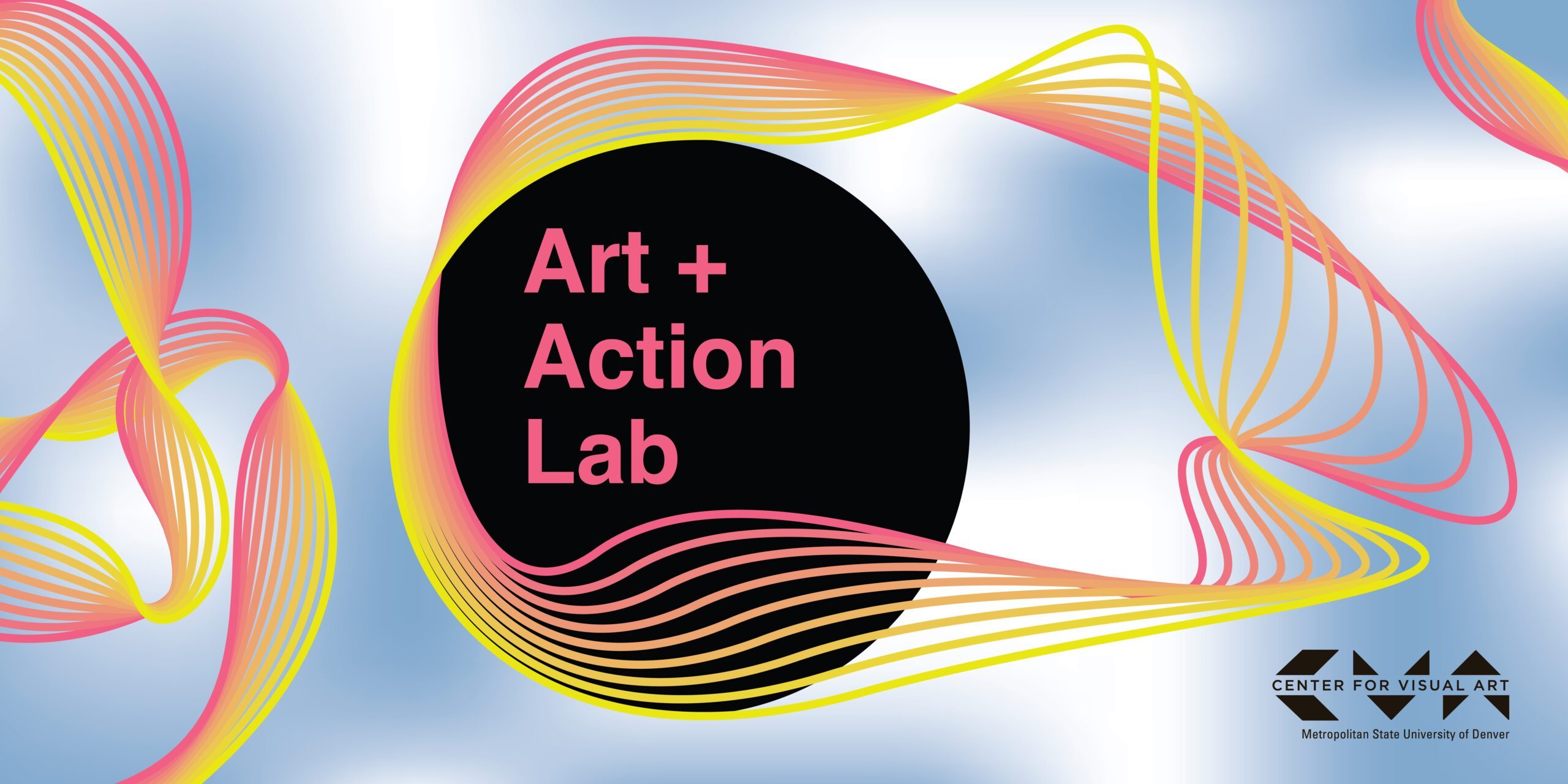 A vibrant advertisement for CVA featuring pink and yellow line artwork surrounding a black sphere with the text Art + Action Lab.