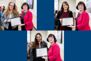 April Roadrunner Shoutout Winners pose with Marie Mora, Ph.D., interim provost