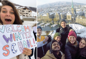 Image of students taking a selfie with a snow Zurich, Switzerland in the background. One student is holding up a sign that reads "Welcome Winter School!"