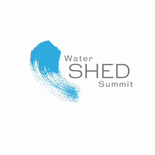 Watershed Summit logo with blue watercolor upward brushstroke