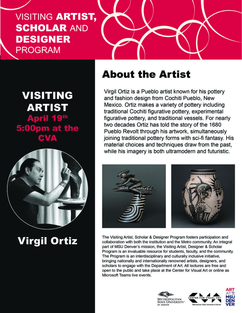 About the Artist - Virgil Ortiz is a Pueblo artist known for his pottery and fashion design from Cochiti Pueblo, New Mexico. Ortiz makes a variety of pottery including traditional Cochiti figurative pottery, experimental figurative pottery, and traditional vessels. For nearly two decades Ortiz has told the story of the 1680 Pueblo Revolt through his artwork, simultaneously joining traditional pottery forms with sci-fi fantasy. His material choices and techniques draw from the past, while his imagery is both ultramodern and futuristic.