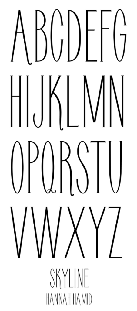 Alphabet showing Hannah Hamid's custom font called Skyline