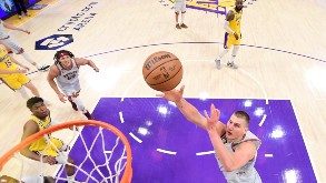 Nikola Jokic #15 of the Denver Nuggets shoots the ball during Game 4 of the 2023 NBA Playoffs Western Conference Finals on May 22, 2023 at Crypto.Com Arena in Los Angeles, California