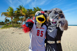 MSU Denver and CU Denver mascots with beach behind them